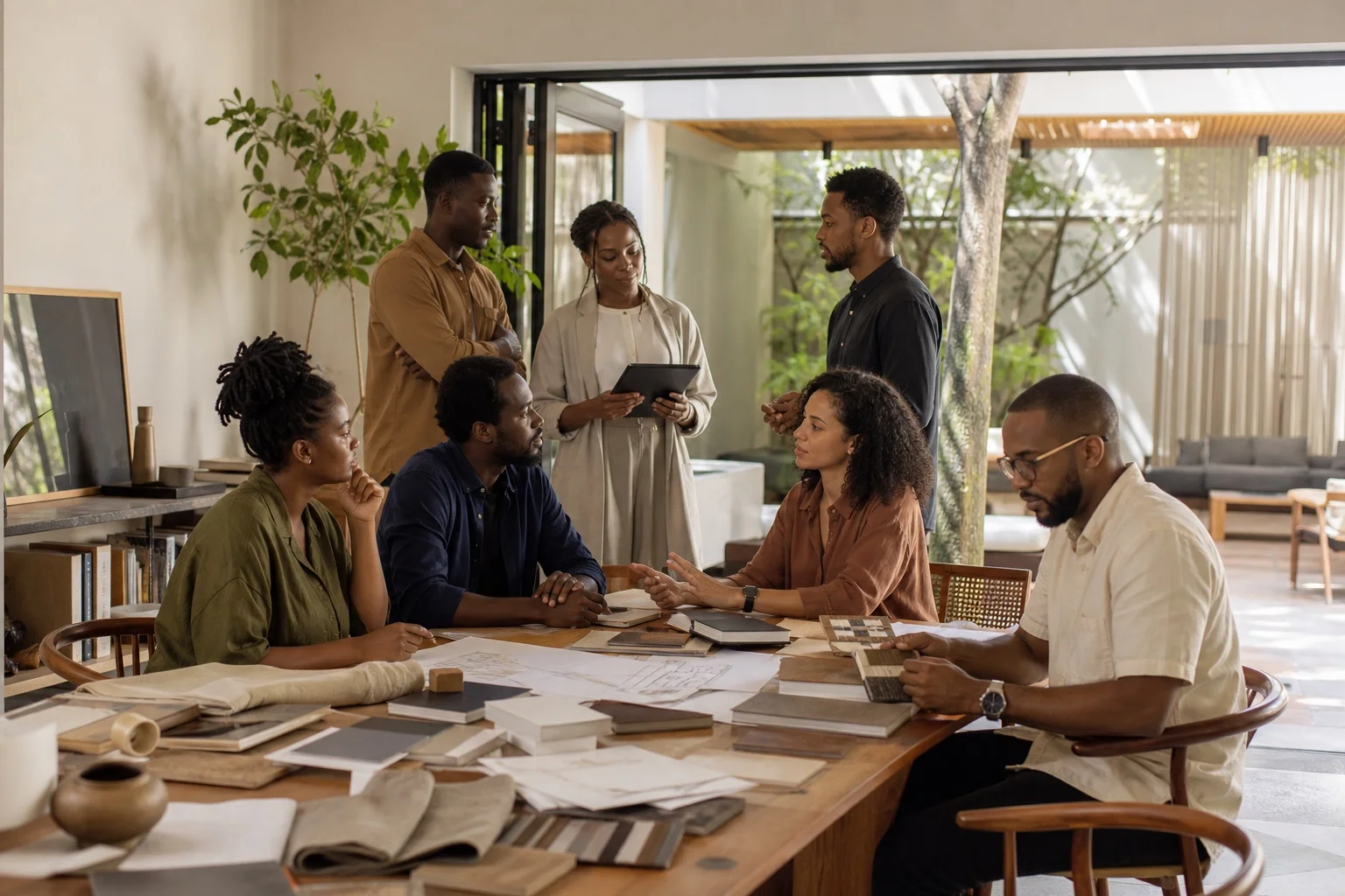 Temporary photographic representation of an interior design team in a studio; final approved team photography is pending