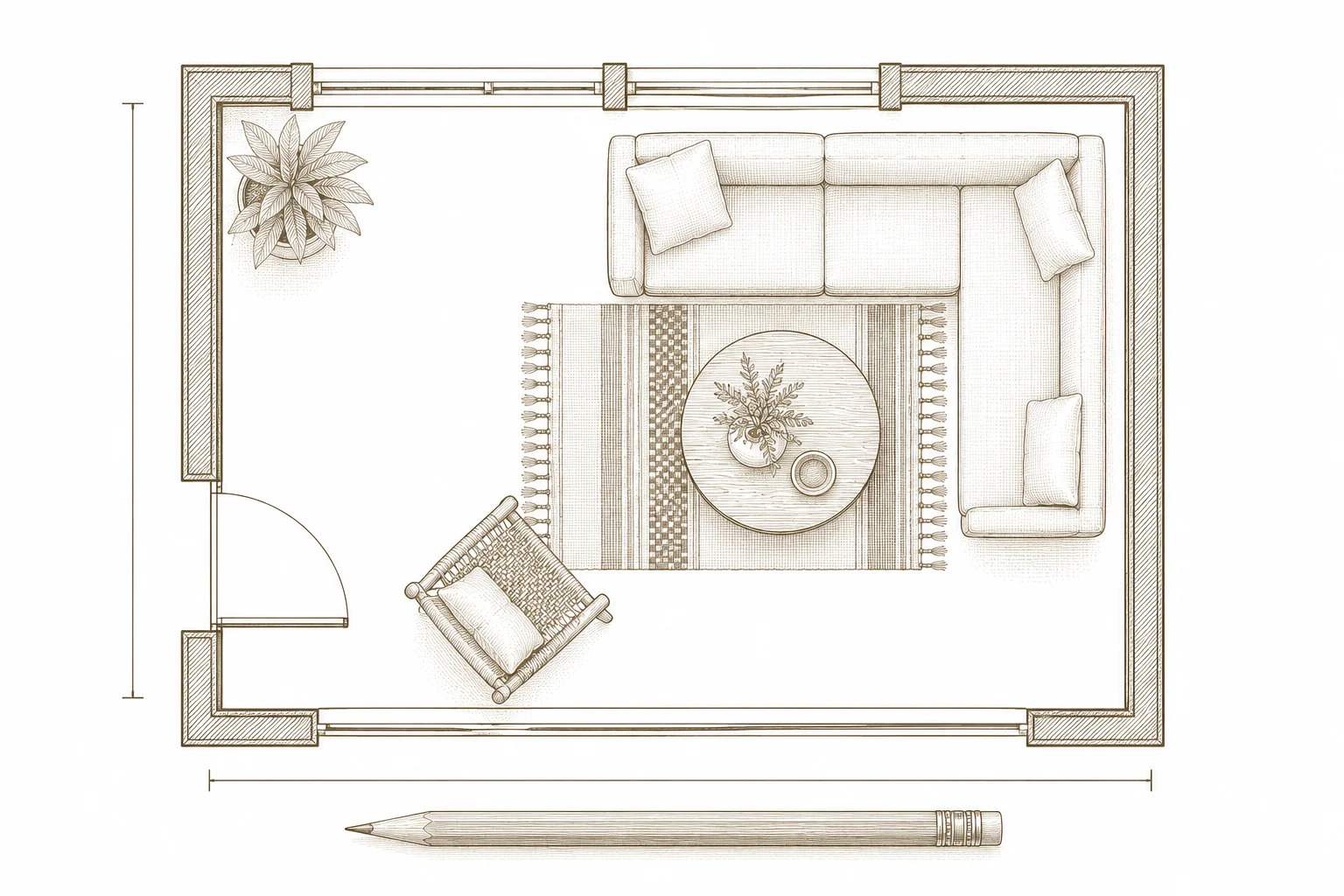 Illustrative living-room plan showing the entrance, seating arrangement and open space between them.