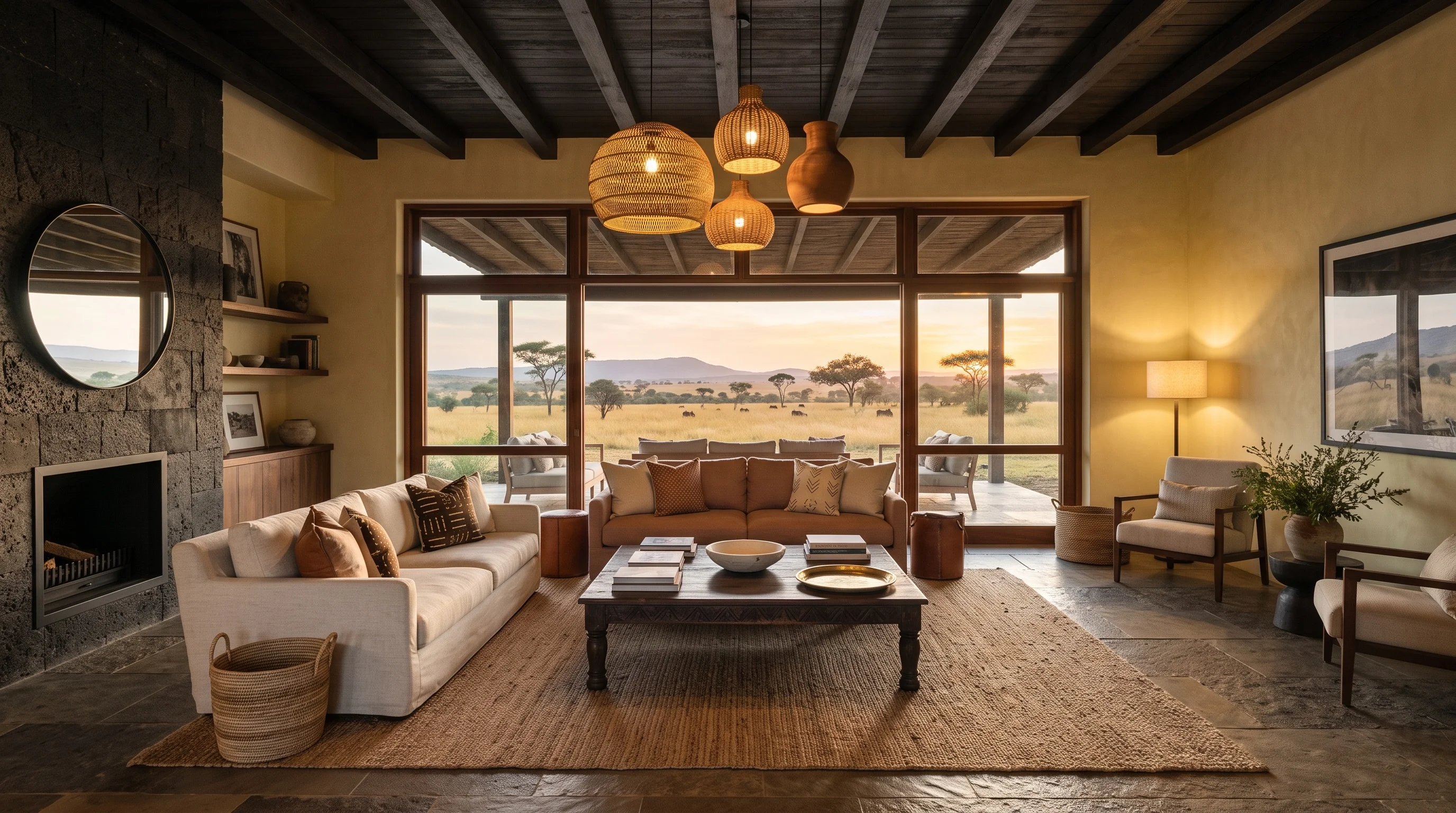 A warm residential living room with woven pendant lights, natural materials and a wide view across the landscape