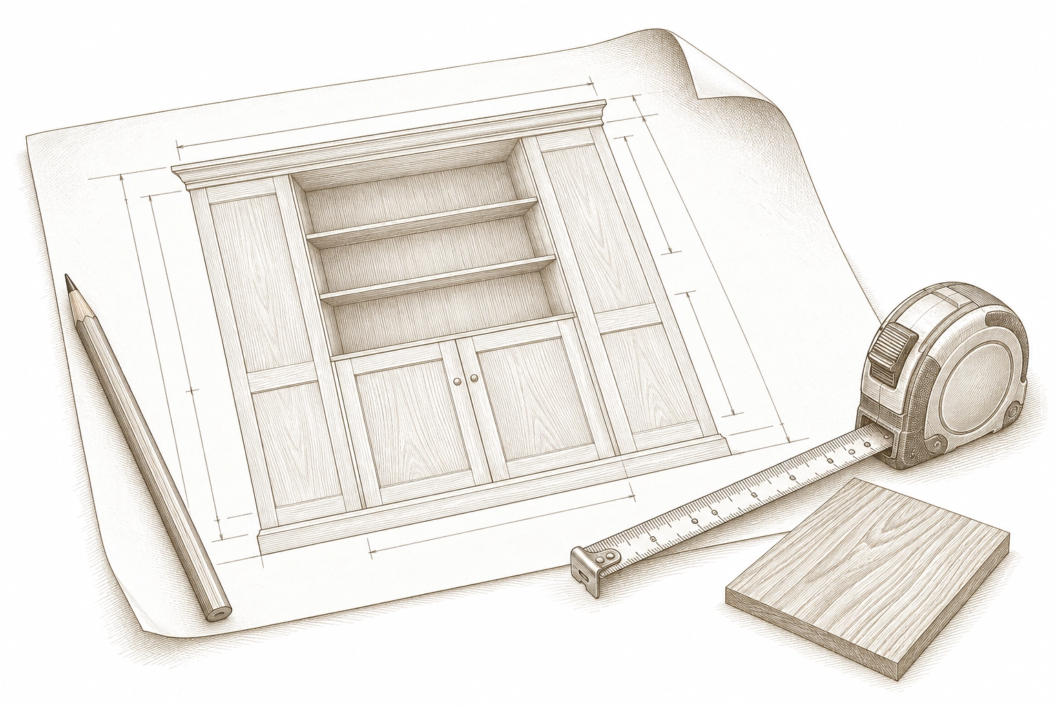 Engraved illustration of a cabinet elevation, measuring tape, pencil and timber finish sample.